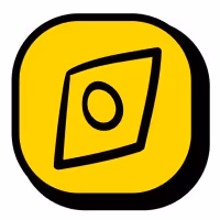Yellow rounded square button with a black outlined diamond shape containing a smaller circle inside.