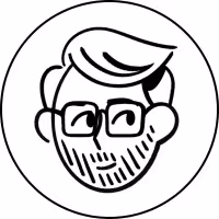 Black and white line drawing of a man's face with glasses, styled hair, and a beard inside a circle.