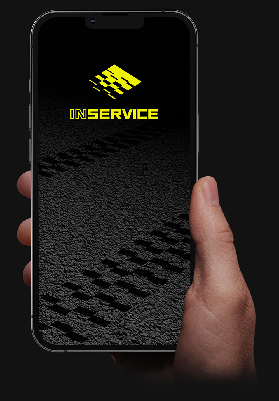 A mobile phone with the InService app splash screen depicting the InService logo with tire treads on asphalt in background. 