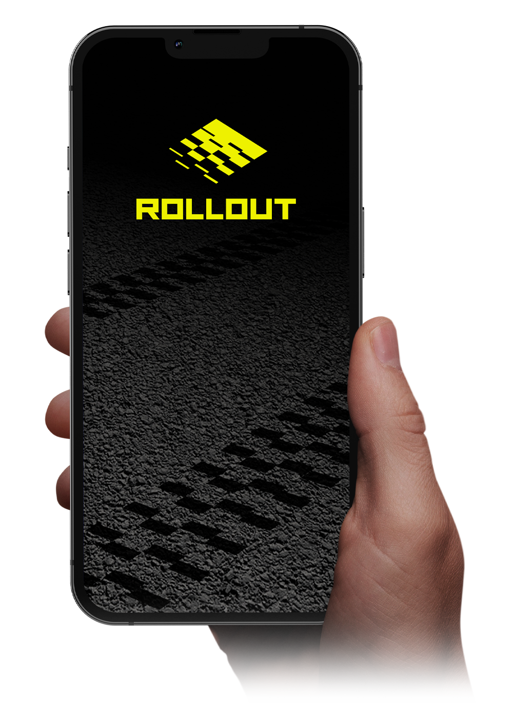 A hand holding a smartphone running the ROLLOUT mobile app.