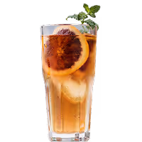 Tall glass of iced tea with ice cubes, a lemon slice, and a sprig of mint.