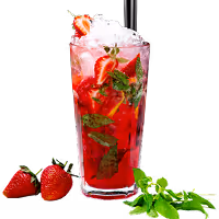 Tall glass of red strawberry and mint iced drink with crushed ice, garnished with fresh strawberries and mint leaves, next to strawberries and mint sprig on a black background.