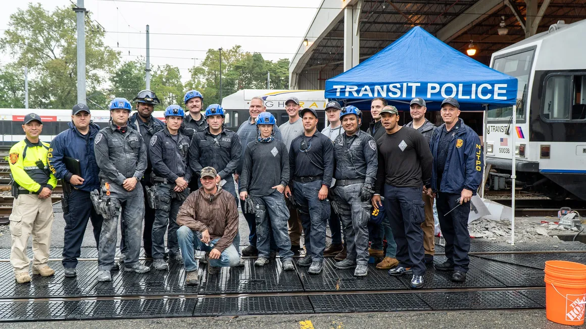 A group of New Jersey Transit Police officers and trainees pose together outdoors under a blue Transit Police tent during a training exercise.
