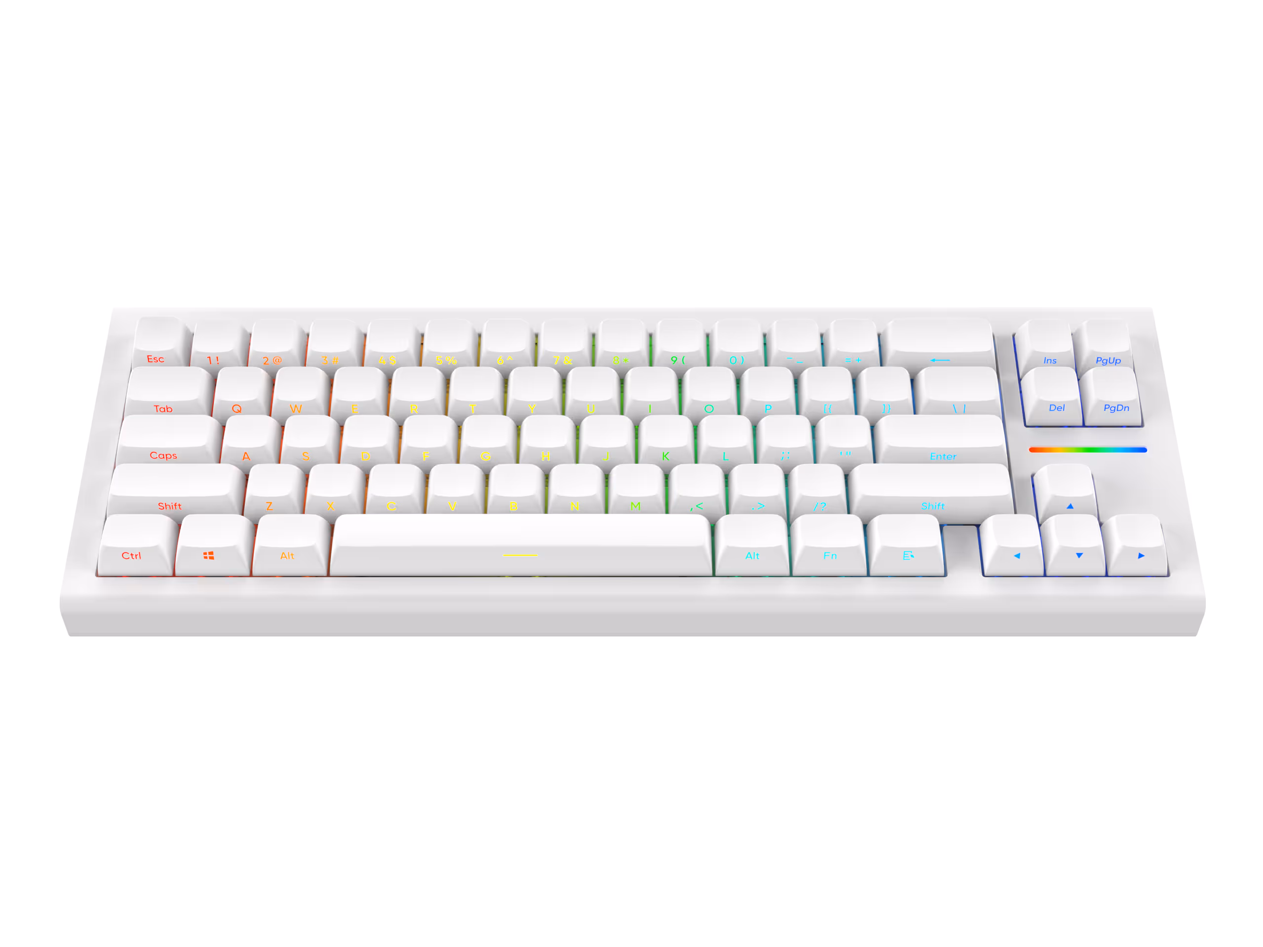 White mechanical keyboard with RGB backlit keys displaying a gradient rainbow effect.