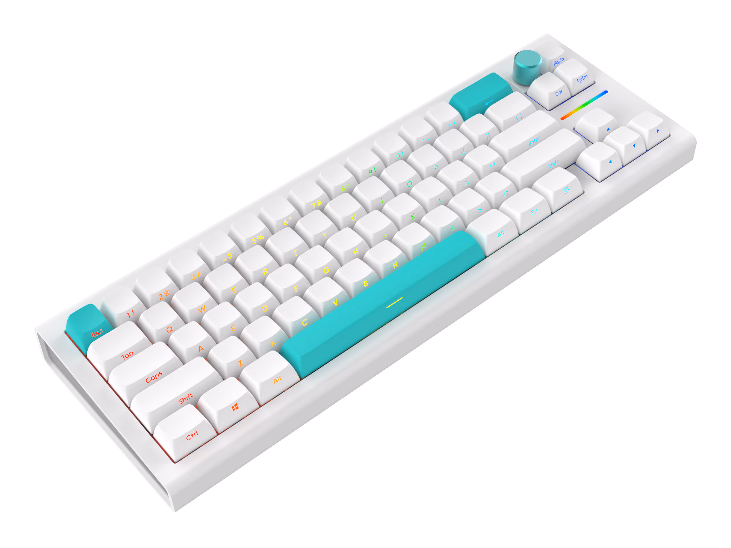 White mechanical keyboard with turquoise accent keys and RGB backlighting on arrow keys.