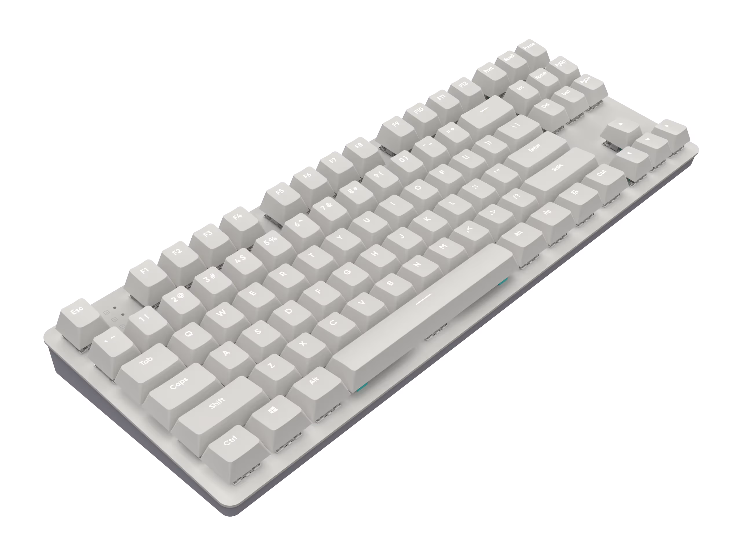 Compact white mechanical keyboard with white keycaps and standard layout including function keys and arrow keys.