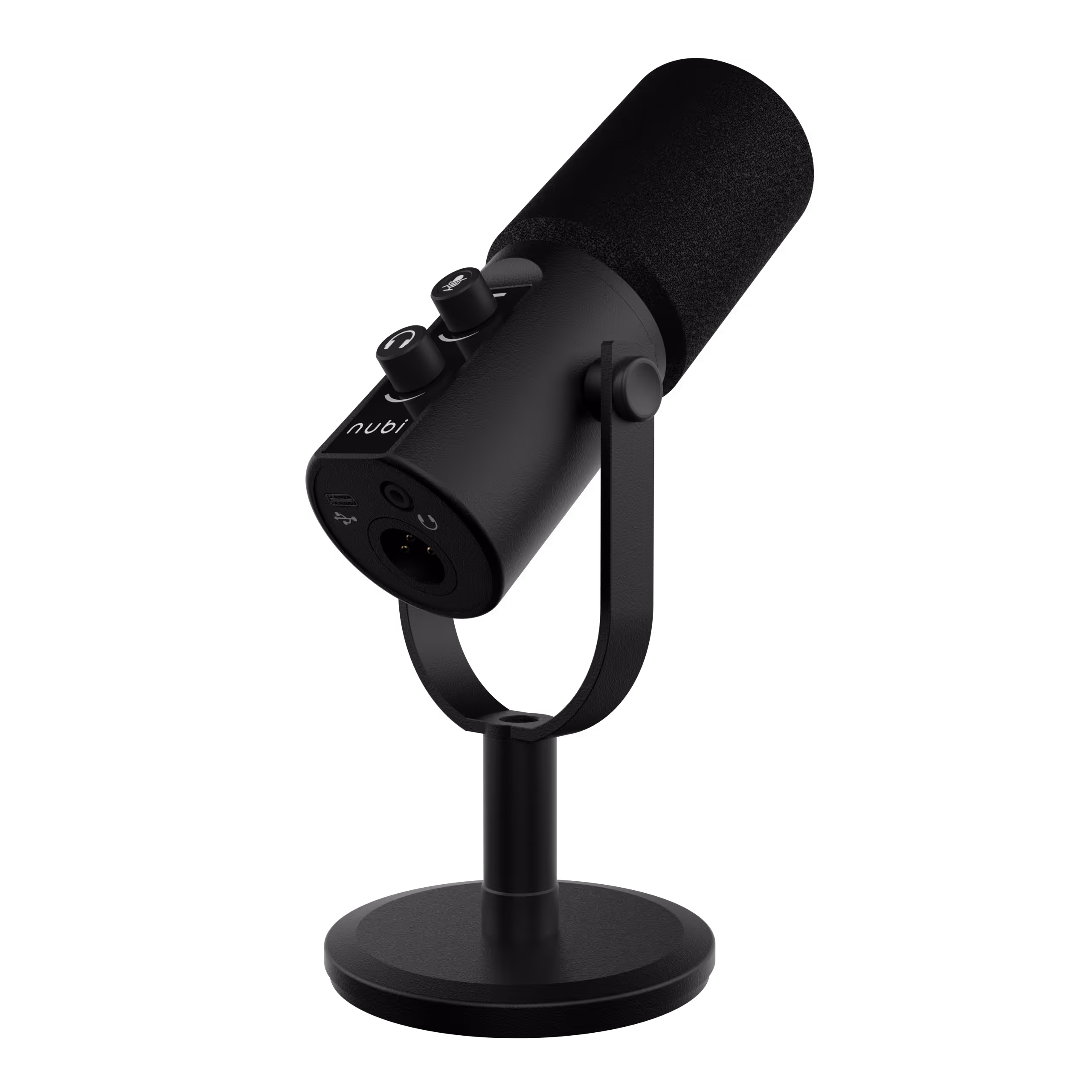Black desktop microphone with foam windscreen mounted on a round stand with control knobs.