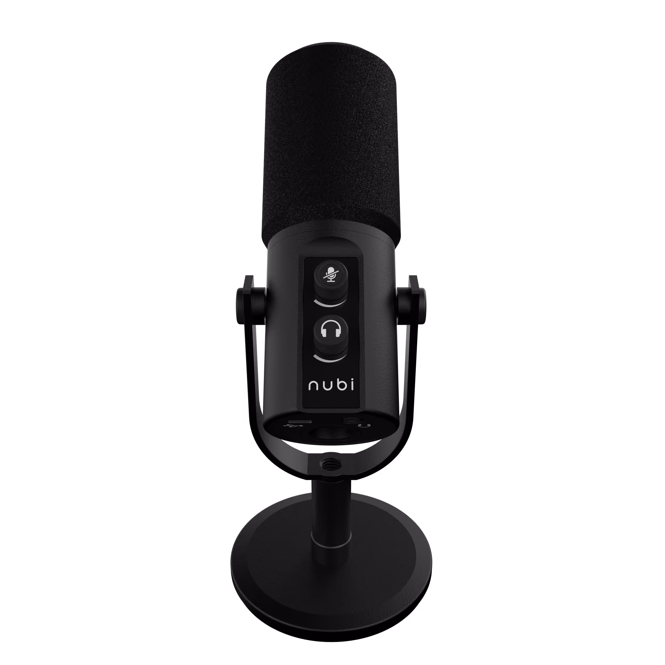 Black Nubi microphone with mute and headphone buttons on a round stand against a black background.