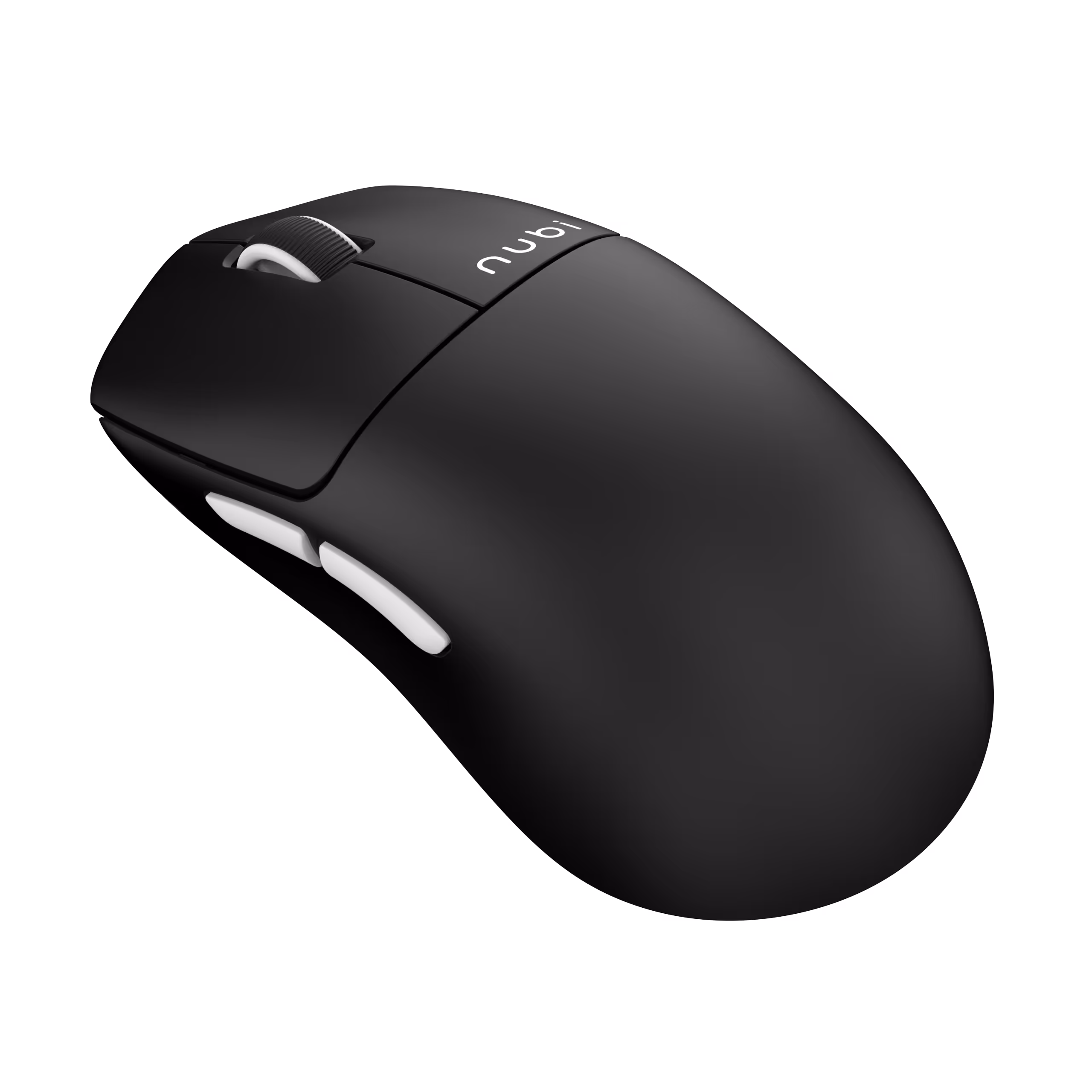 Black wireless computer mouse with white side buttons and a scroll wheel, branded with the word 'nubi'.