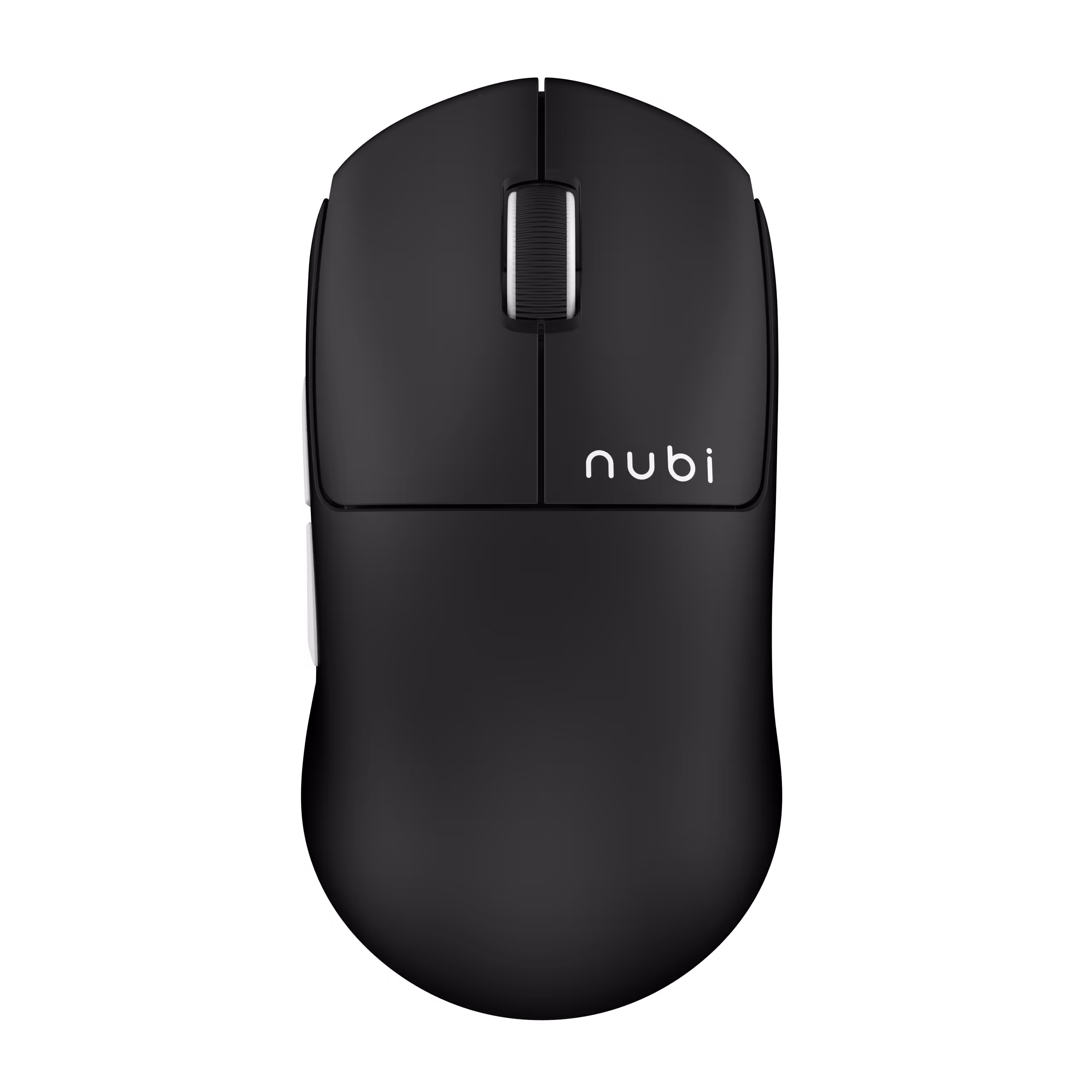 Top view of a black wireless computer mouse with a scroll wheel and the brand name 'nubi' printed on it.