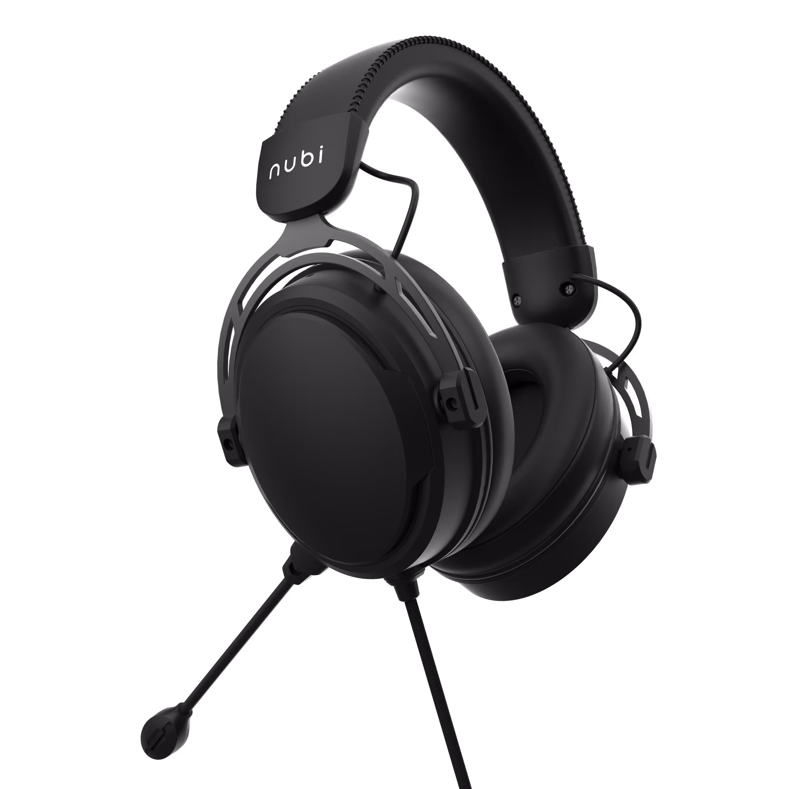 Black over-ear headset with a padded headband and attached microphone.