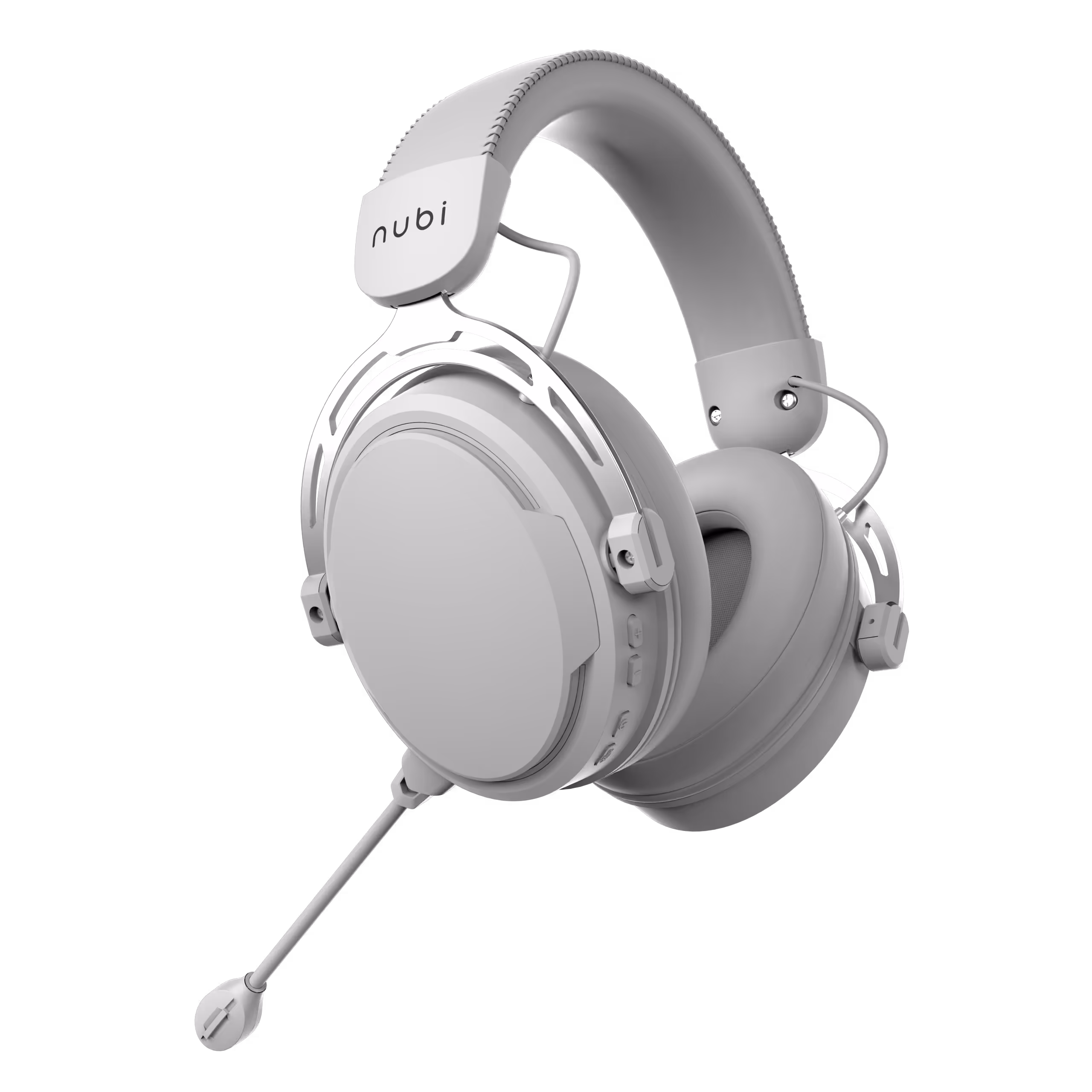 Gray over-ear gaming headset with attached microphone and padded headband against a dark background.