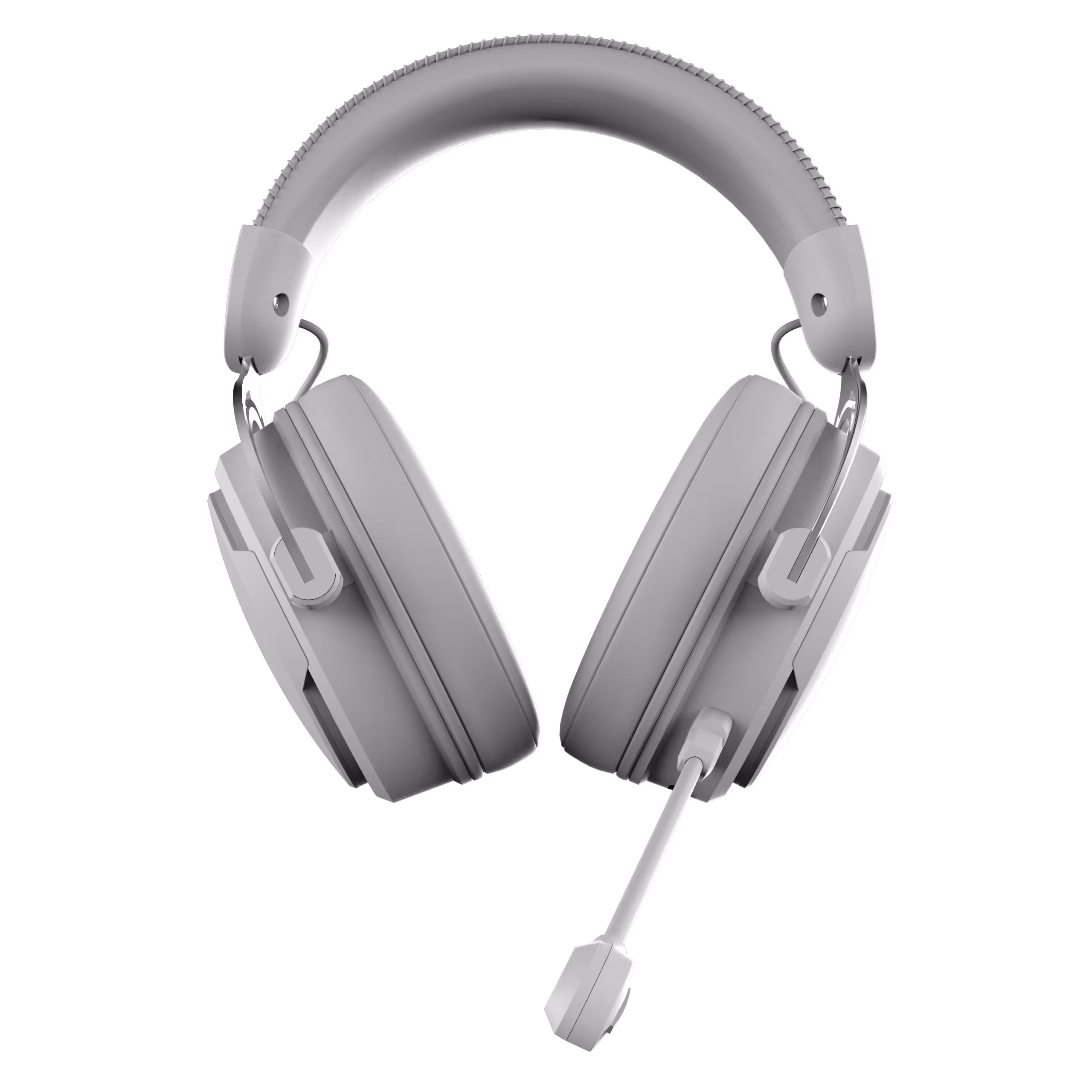 Gray over-ear gaming headset with a built-in microphone.