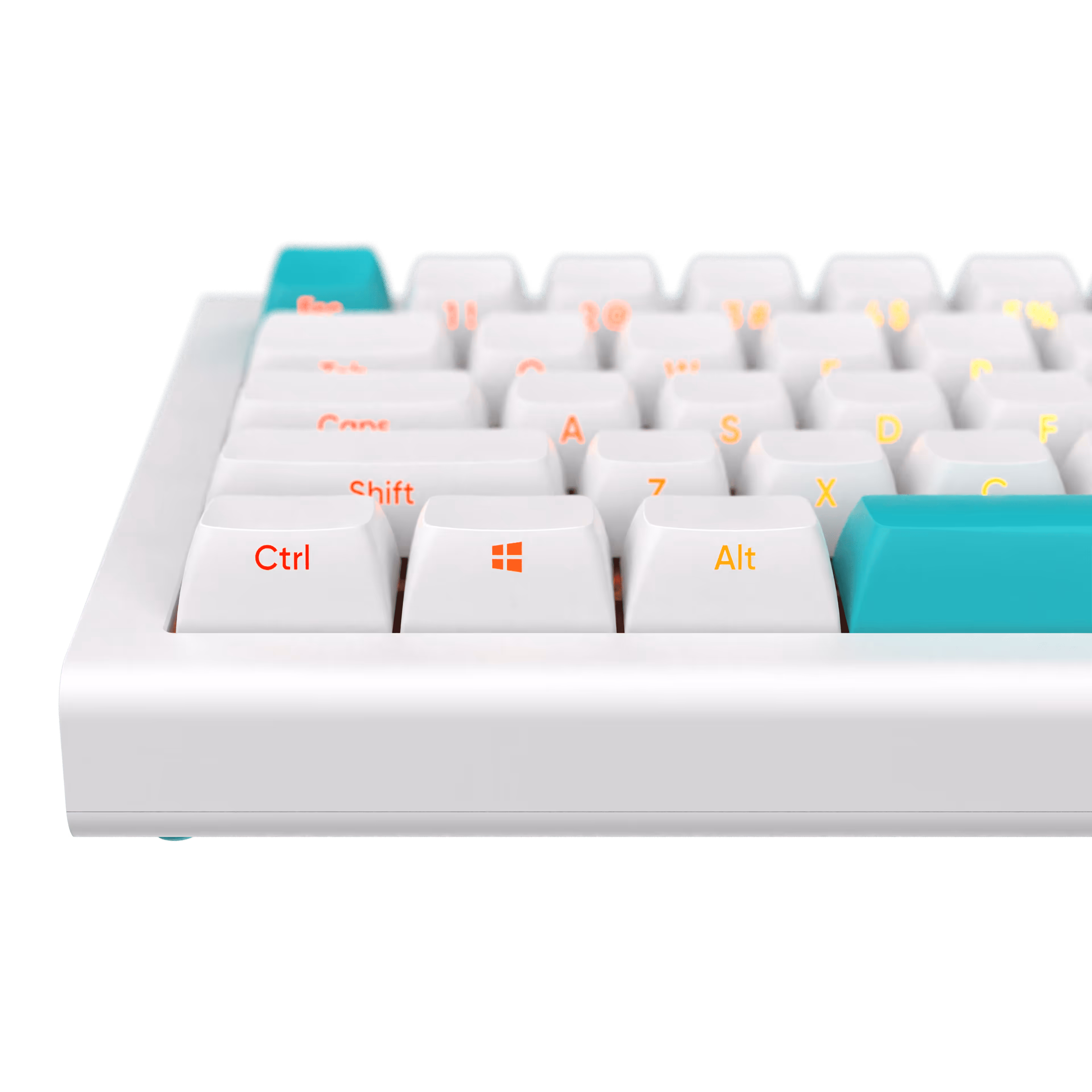 Close-up of a white mechanical keyboard with colored keycaps, including red, orange, and teal accented keys.