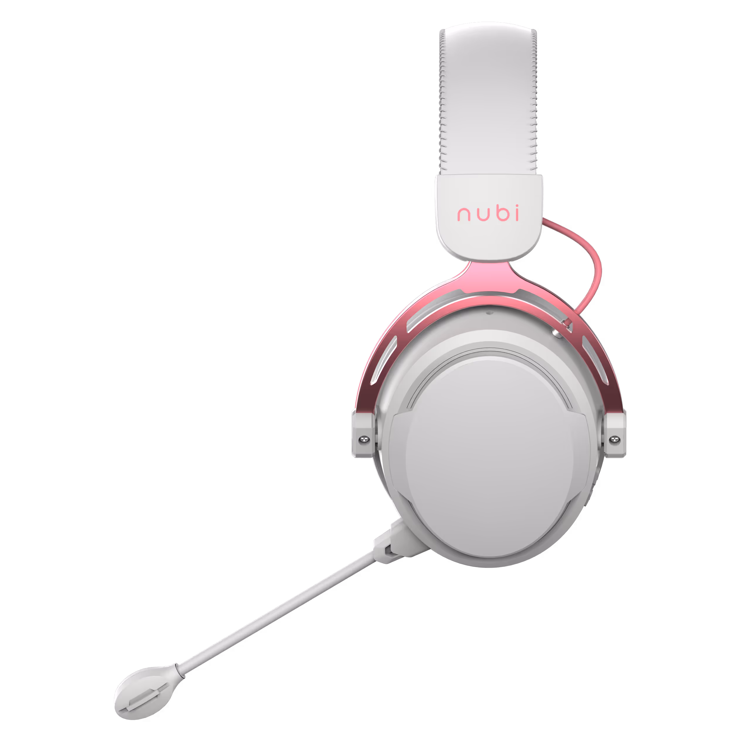 White and pink over-ear gaming headset with attached microphone and padded headband, front view.