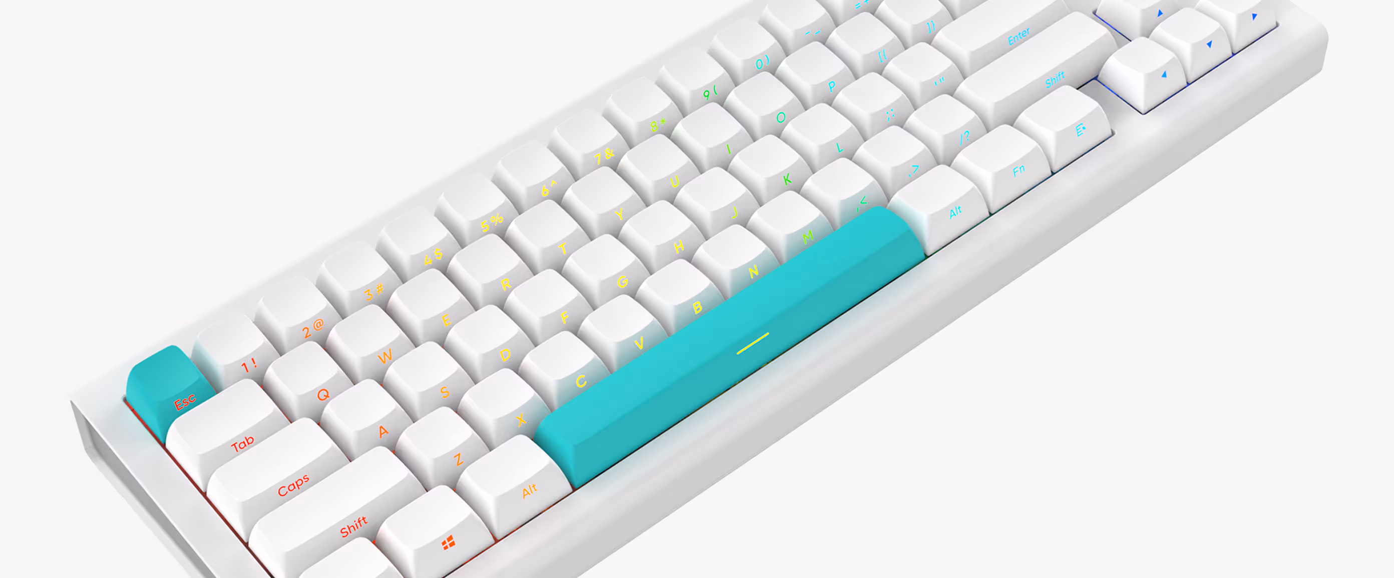 White mechanical keyboard with colorful legends and teal escape and spacebar keys.