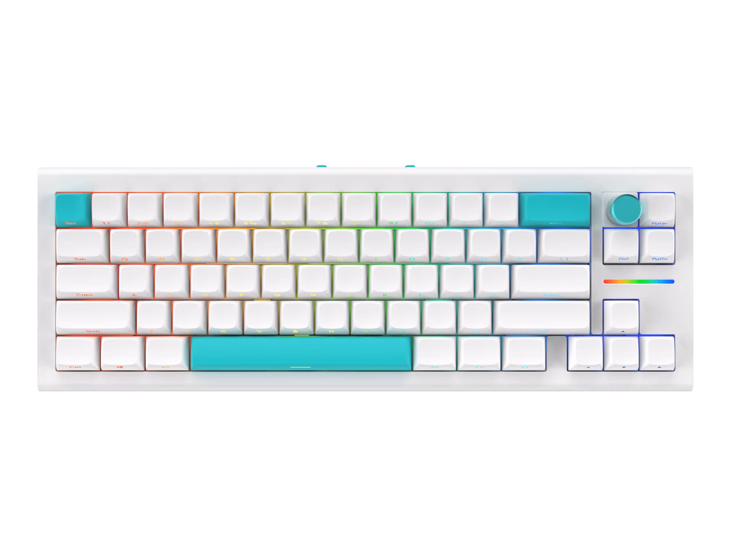 White mechanical keyboard with teal accent keys and a volume knob on the top right corner.