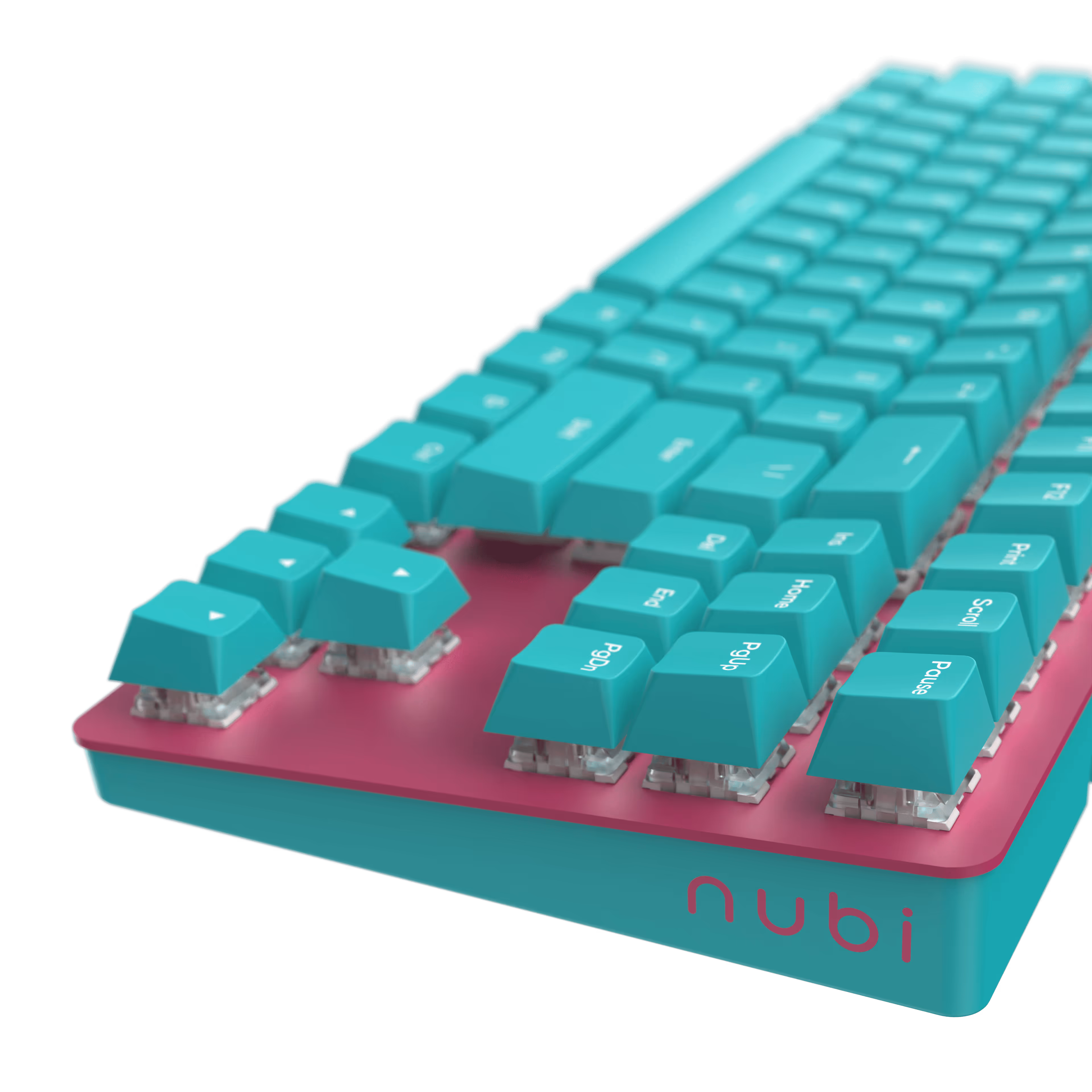 Close-up of a teal and pink mechanical keyboard with raised teal keycaps and the brand name 'nubi' on the case.