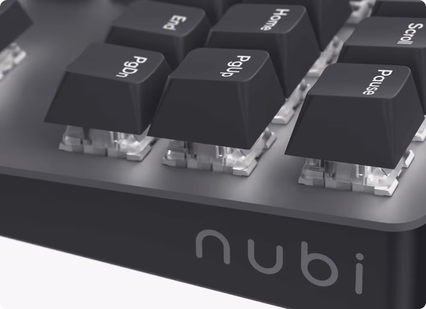 Close-up of a black mechanical keyboard section showing the Page Up, Page Down, End, Home, Pause, and Scroll keys with visible clear switches, branded with 'nubi'.