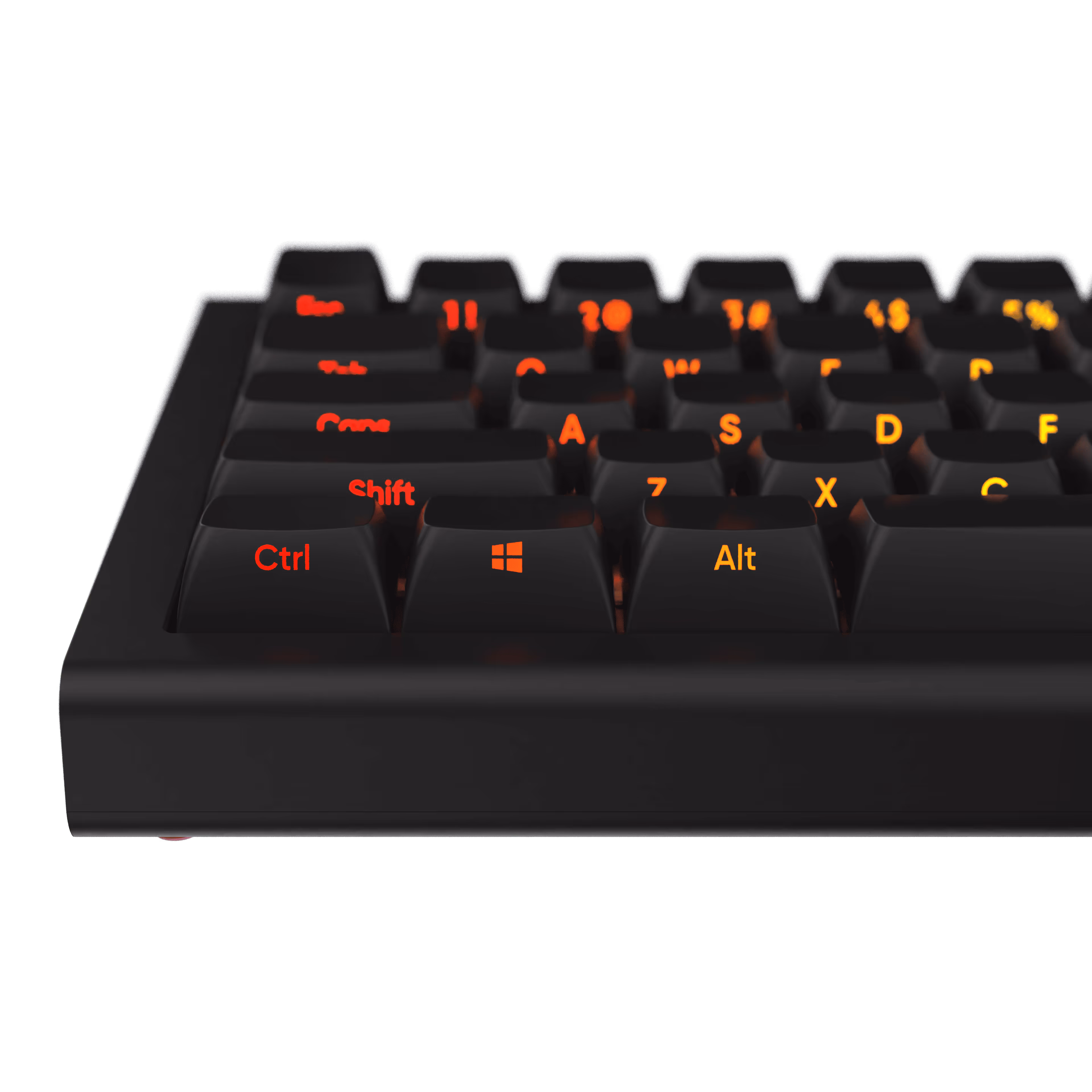 Close-up view of a black mechanical keyboard showing illuminated red and orange keys including Ctrl, Windows, and Alt keys.