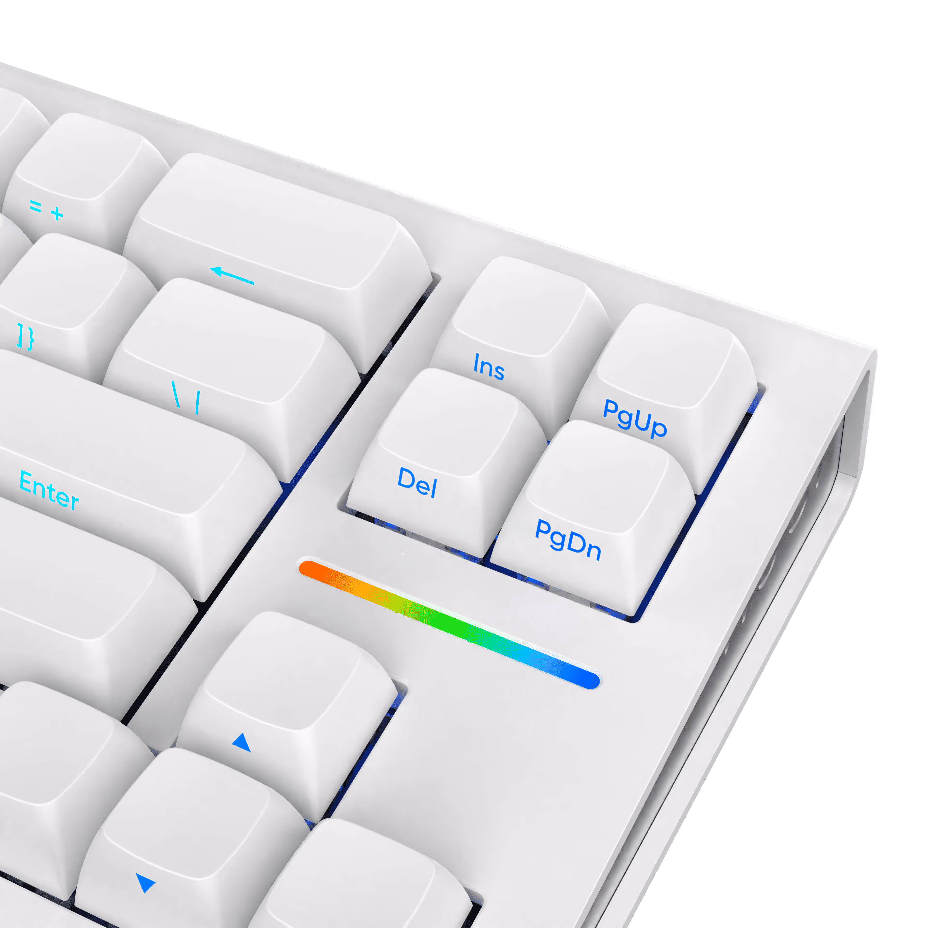 Close-up of a white mechanical keyboard corner showing arrow keys, Insert, Delete, Page Up, Page Down keys, and a horizontal RGB light strip.