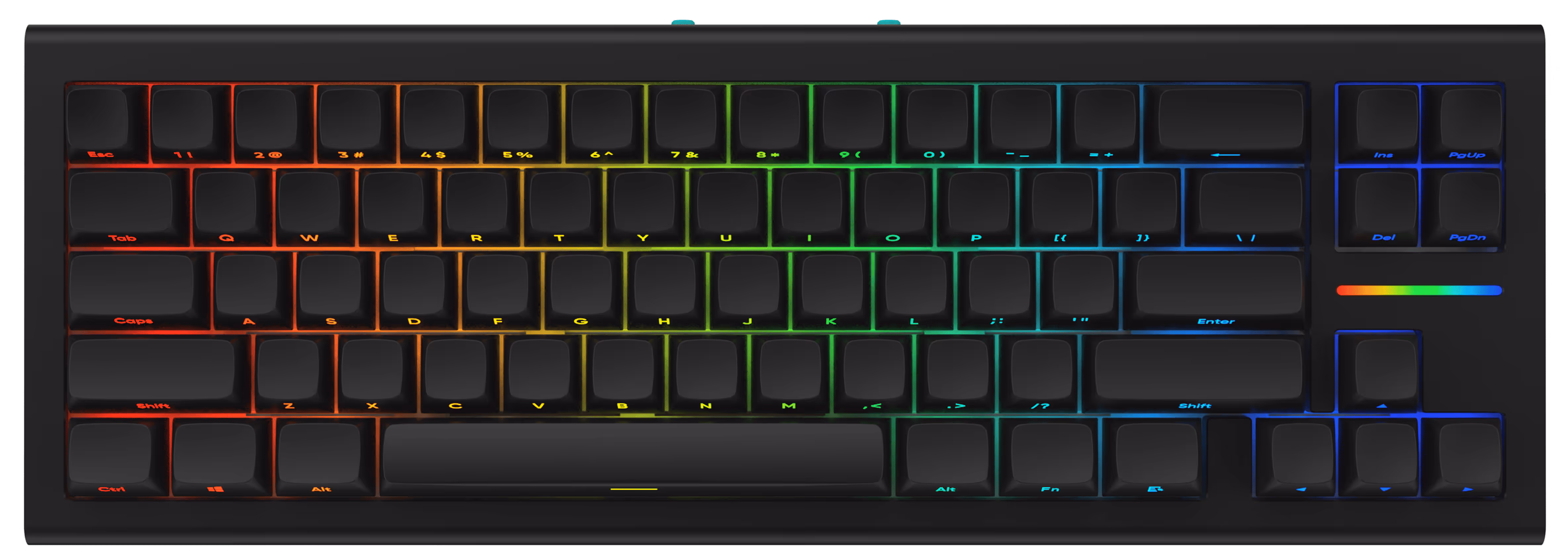 Black mechanical keyboard with RGB backlit keys showing a spectrum from red to blue across the layout.