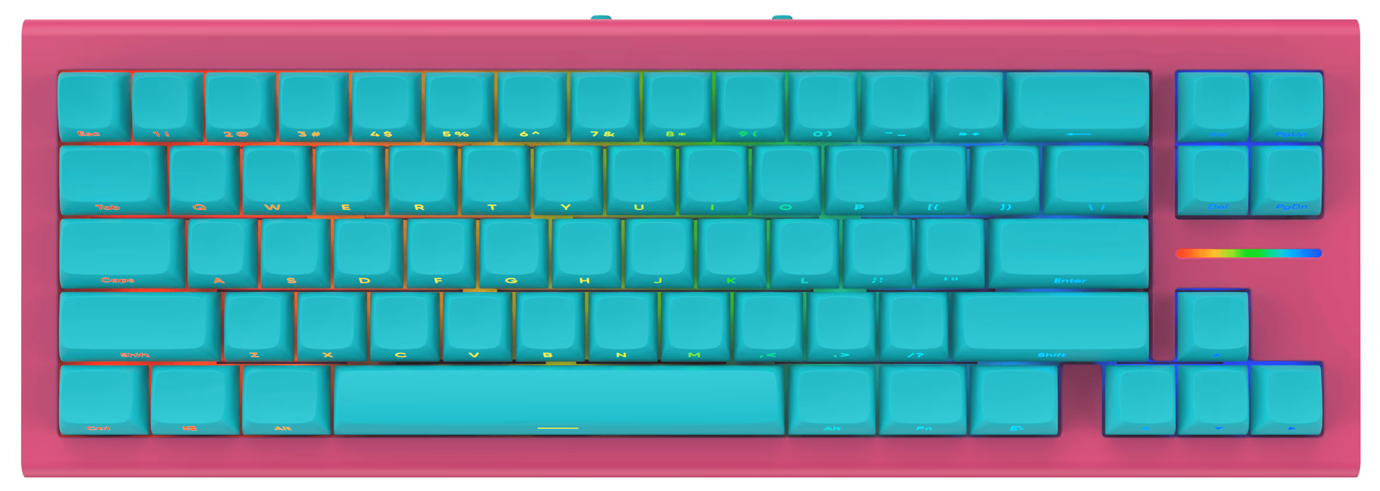 Mechanical keyboard with turquoise keycaps and a magenta case, featuring a compact layout including arrow keys and navigation cluster.