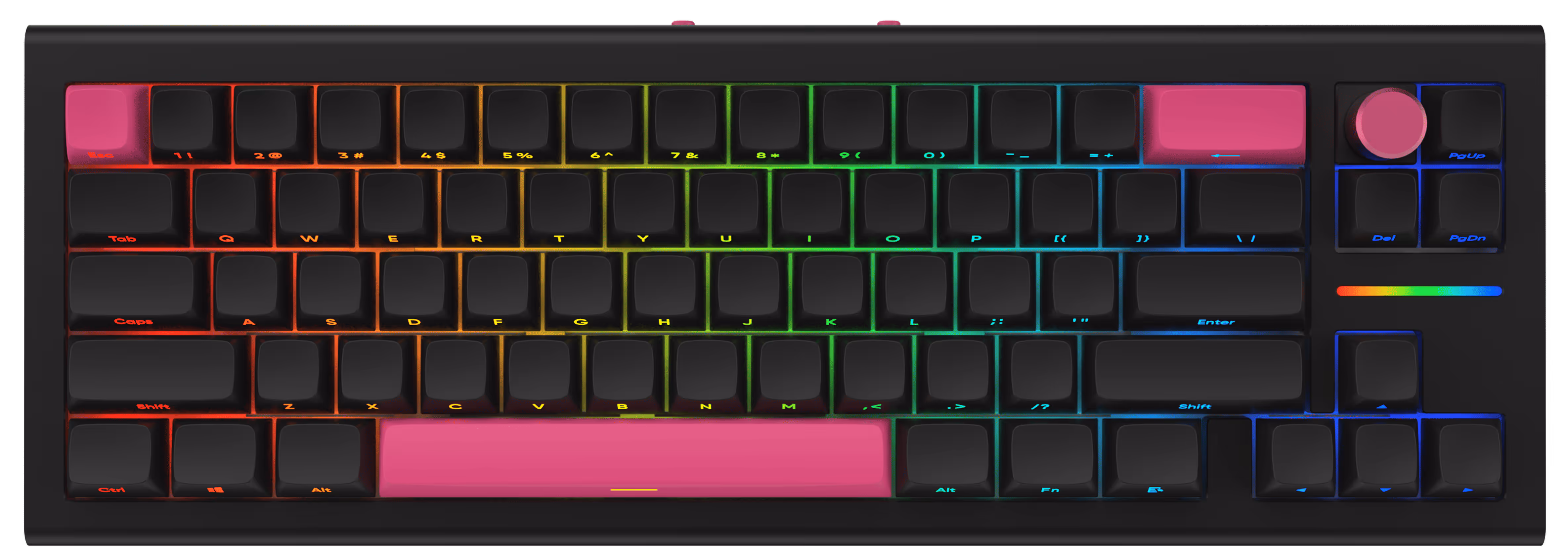 Black mechanical keyboard with rainbow gradient backlighting and pink keycaps on the escape, spacebar, enter, and volume knob.