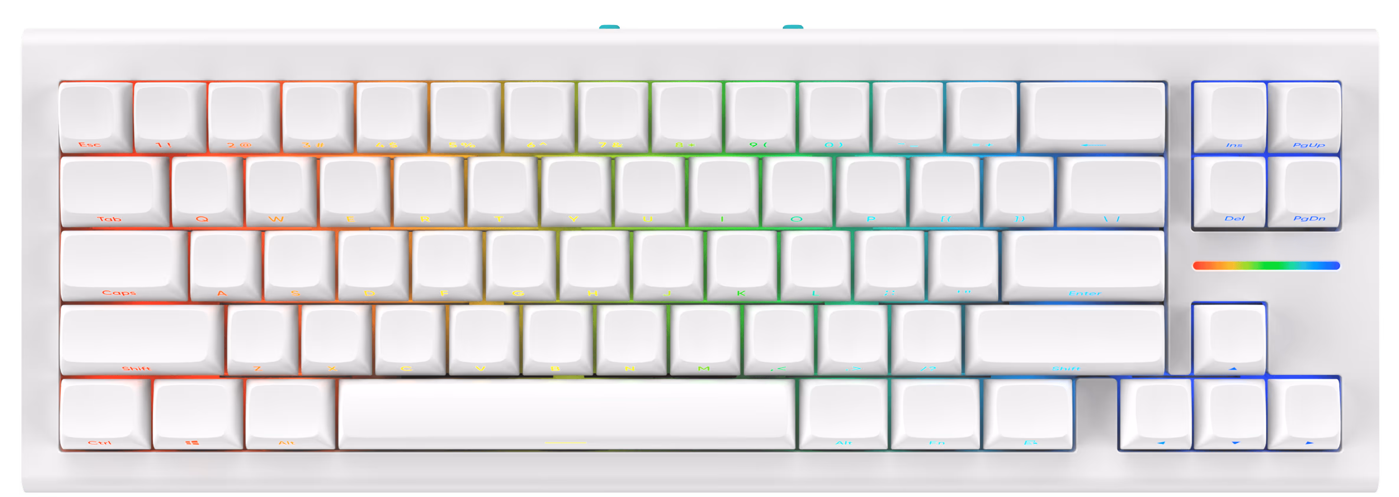 White mechanical keyboard with rainbow-colored backlit keys and a white frame.
