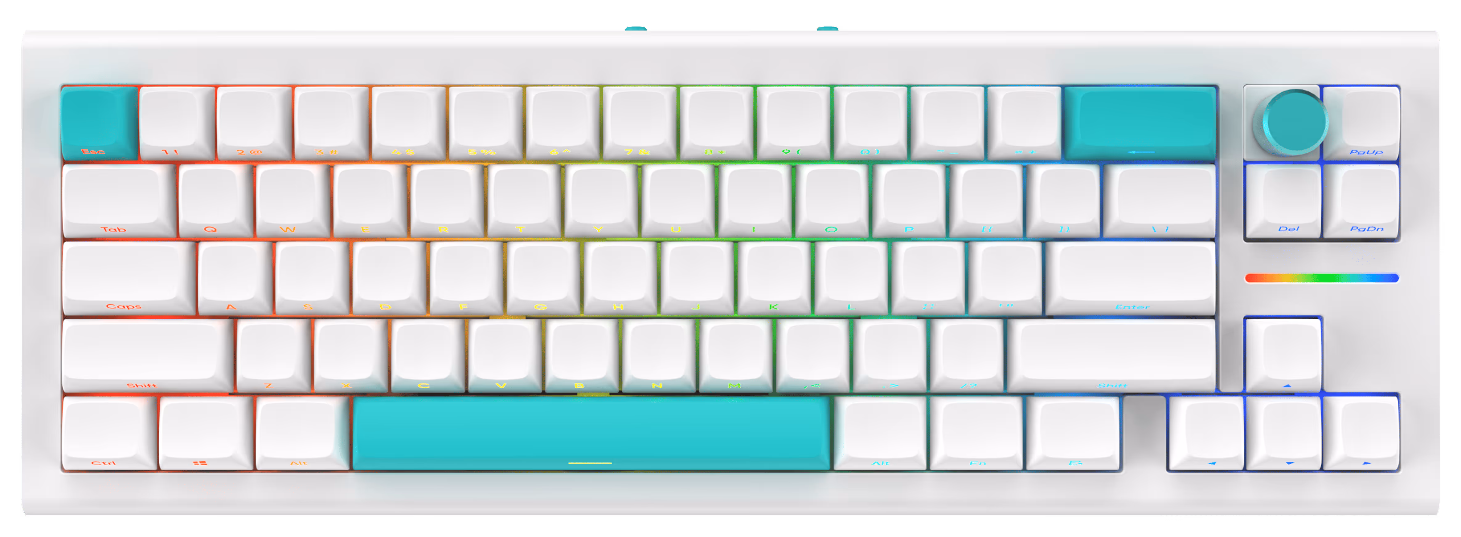 White compact mechanical keyboard with turquoise Escape, Spacebar, Enter keys, and a matching volume knob, featuring rainbow-colored legends and a small rainbow LED strip.