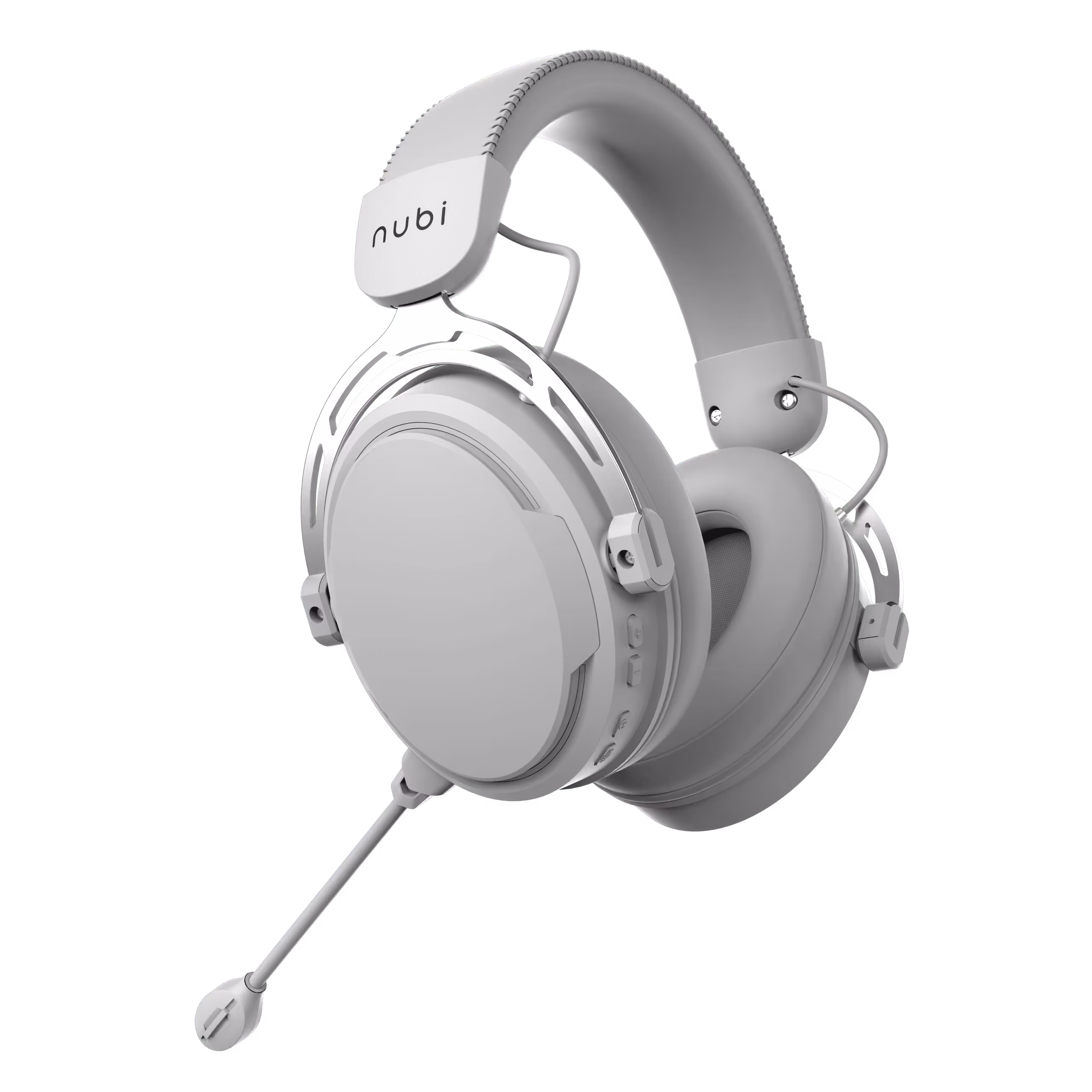 Gray over-ear gaming headset with a built-in adjustable microphone and cushioned headband, branded 'nubi'.