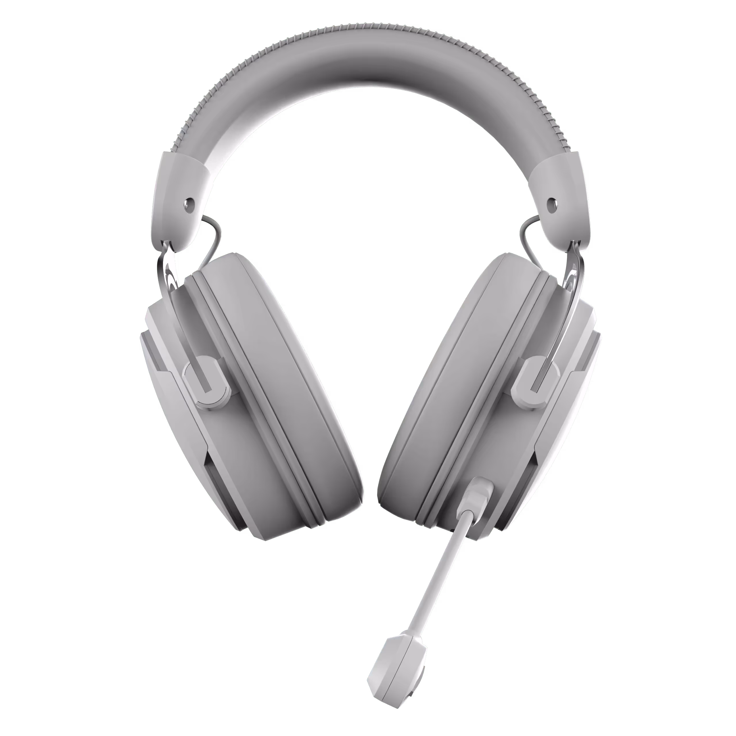 Gray over-ear gaming headset with cushioned ear pads and an attached adjustable microphone.