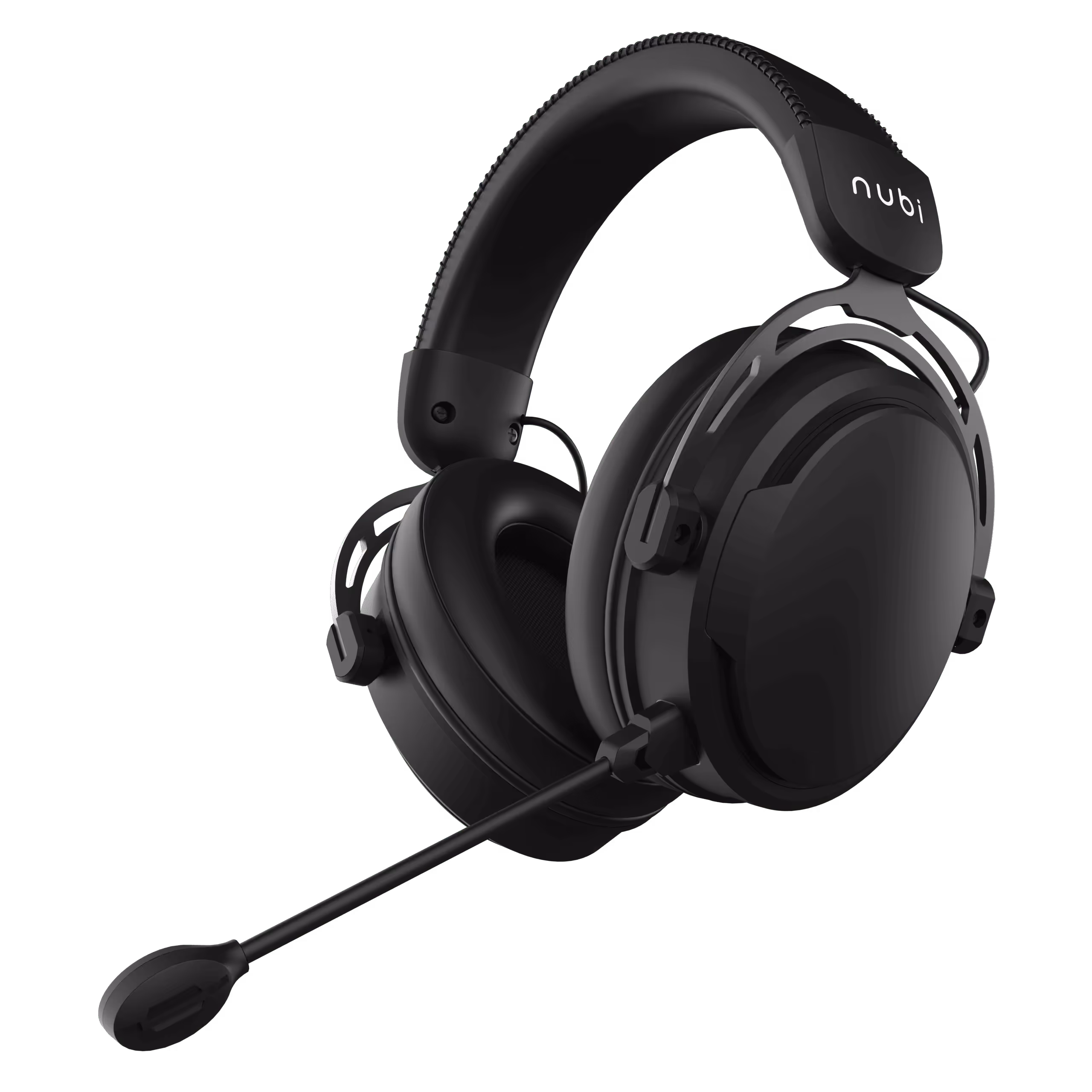 Black over-ear gaming headset with cushioned ear cups and attached adjustable microphone.