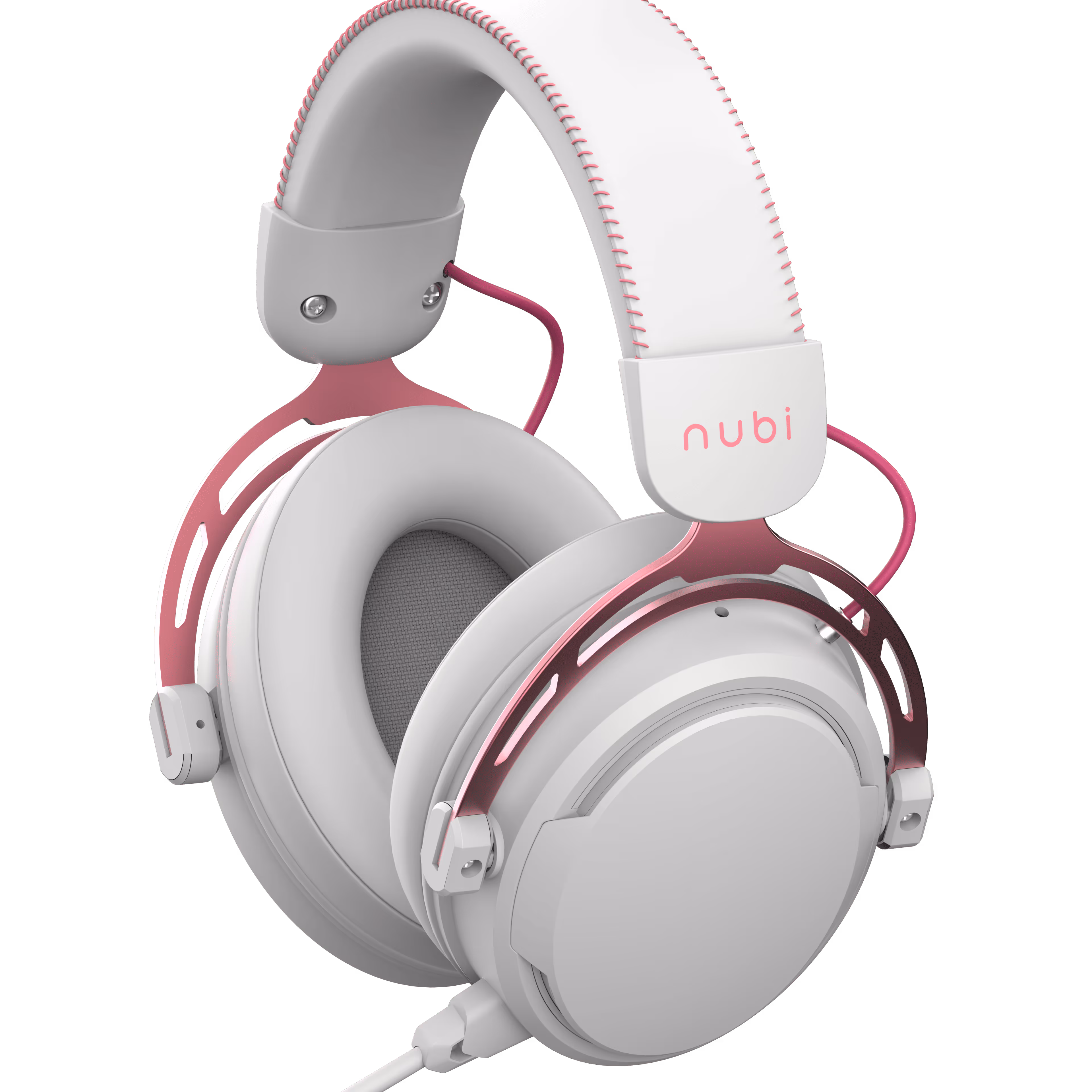 White and pink over-ear headphones with padded ear cushions and adjustable headband labeled 'nubi'.