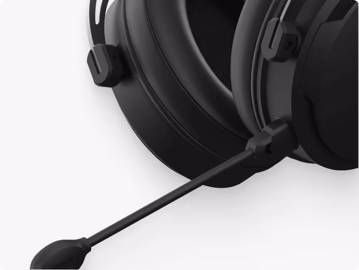 Close-up of a black gaming headset with an attached microphone boom.