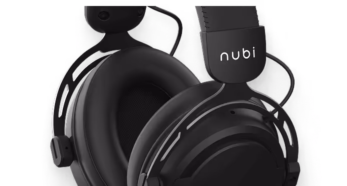Close-up of black over-ear headphones with cushioned ear pads and the brand name 'nubi' on the headband.