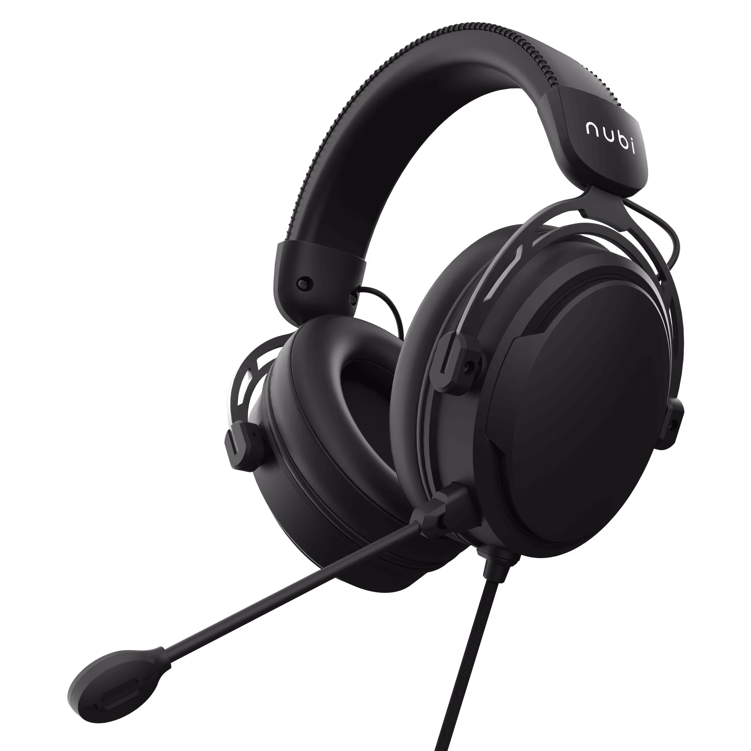Black over-ear gaming headset with a built-in microphone and padded headband.