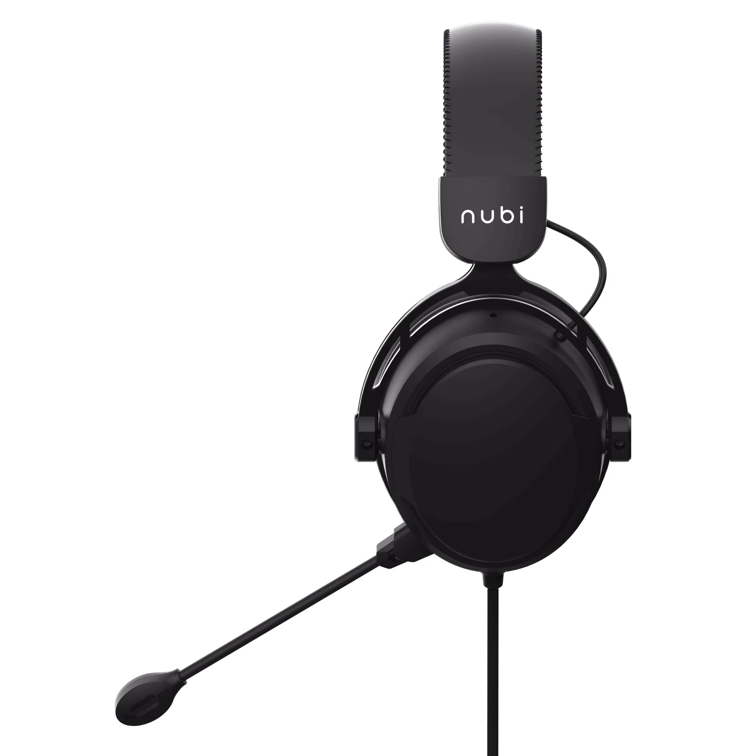 Black over-ear headset with attached microphone and the brand name nubi on the headband.