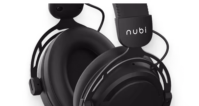 Close-up of black over-ear headphones with cushioned ear pads and headband labeled 'nubi'.