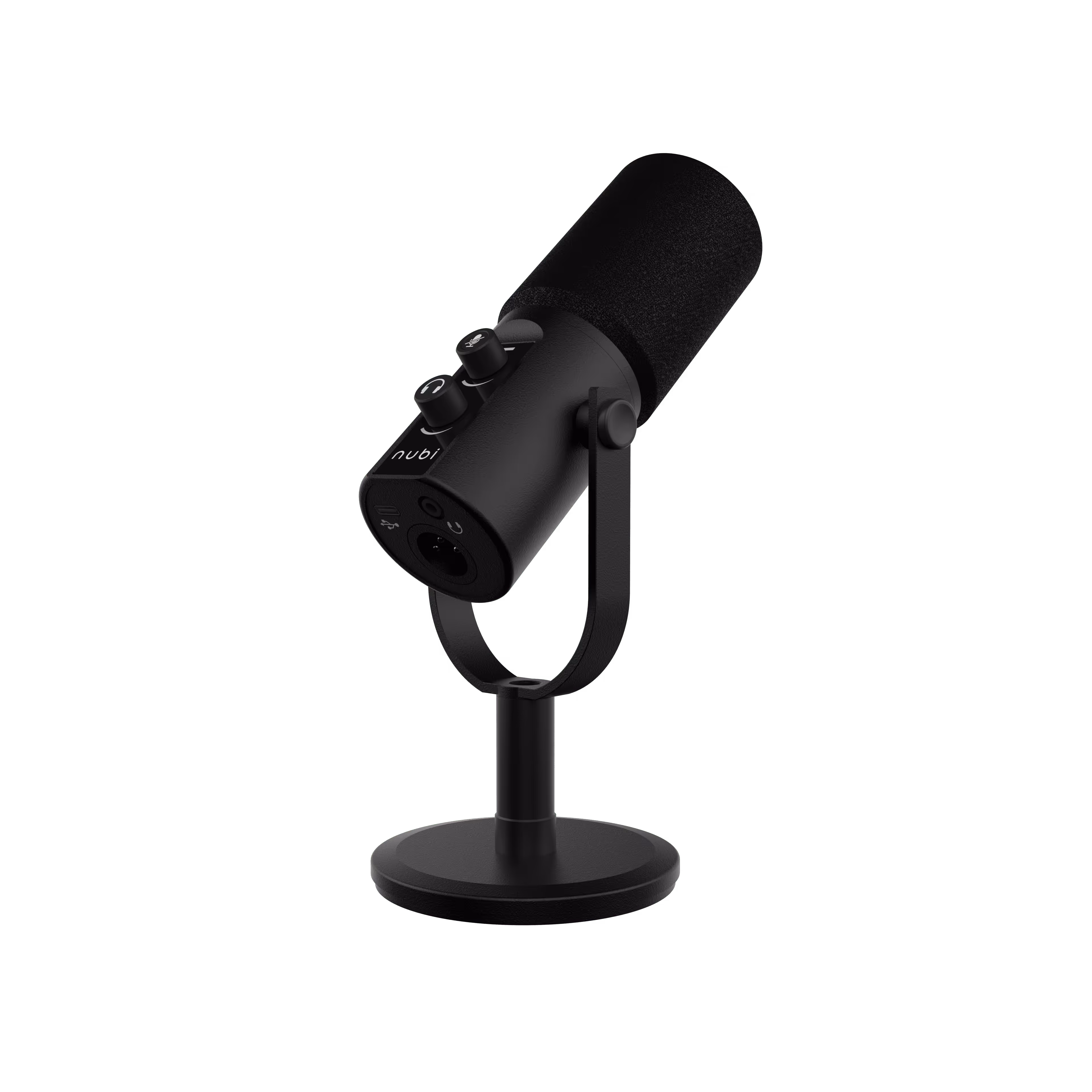 Black desktop microphone with foam windscreen and adjustable stand, featuring volume and mute knobs.
