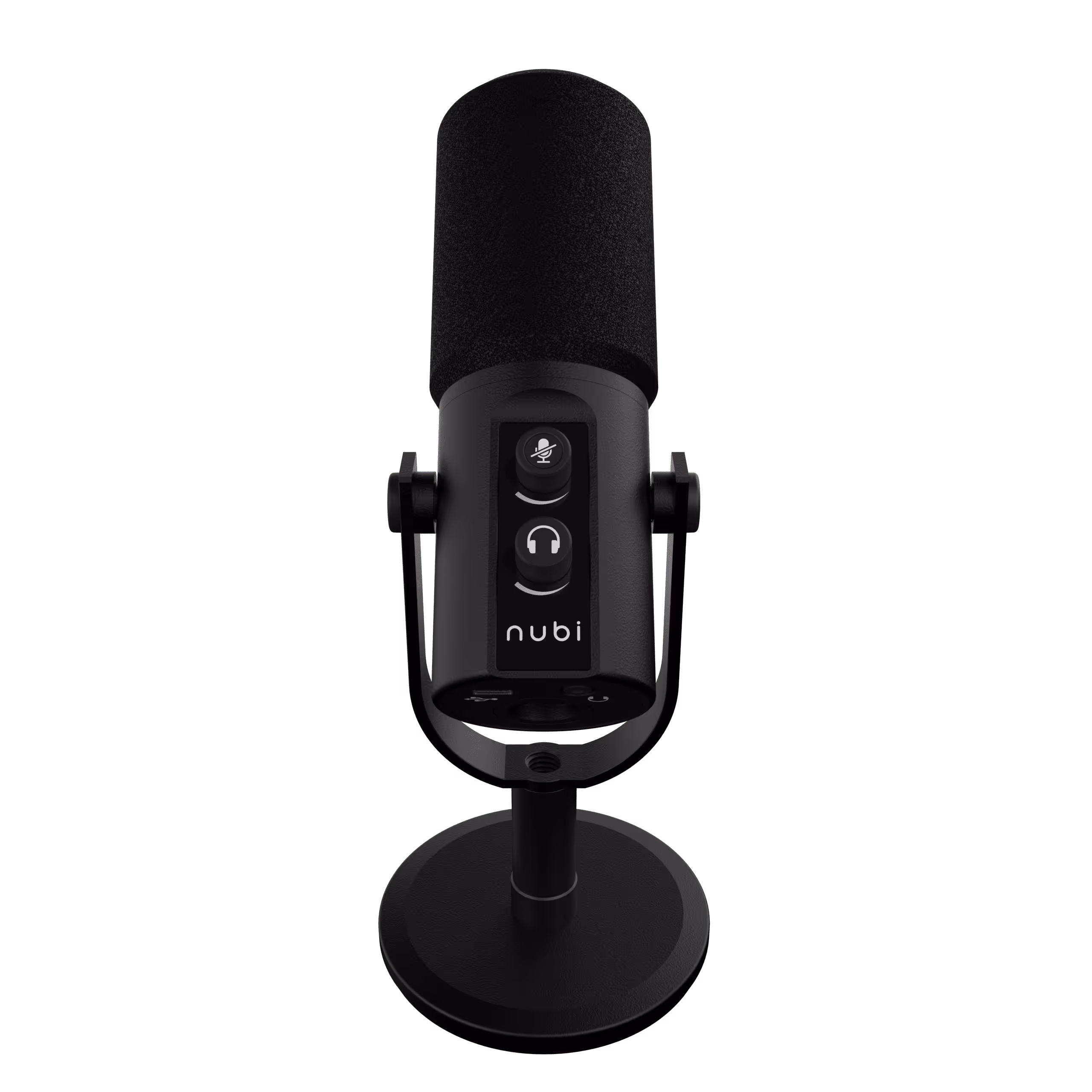 Black Nubi desktop microphone with mute and headphone buttons on the front, mounted on a round stand.