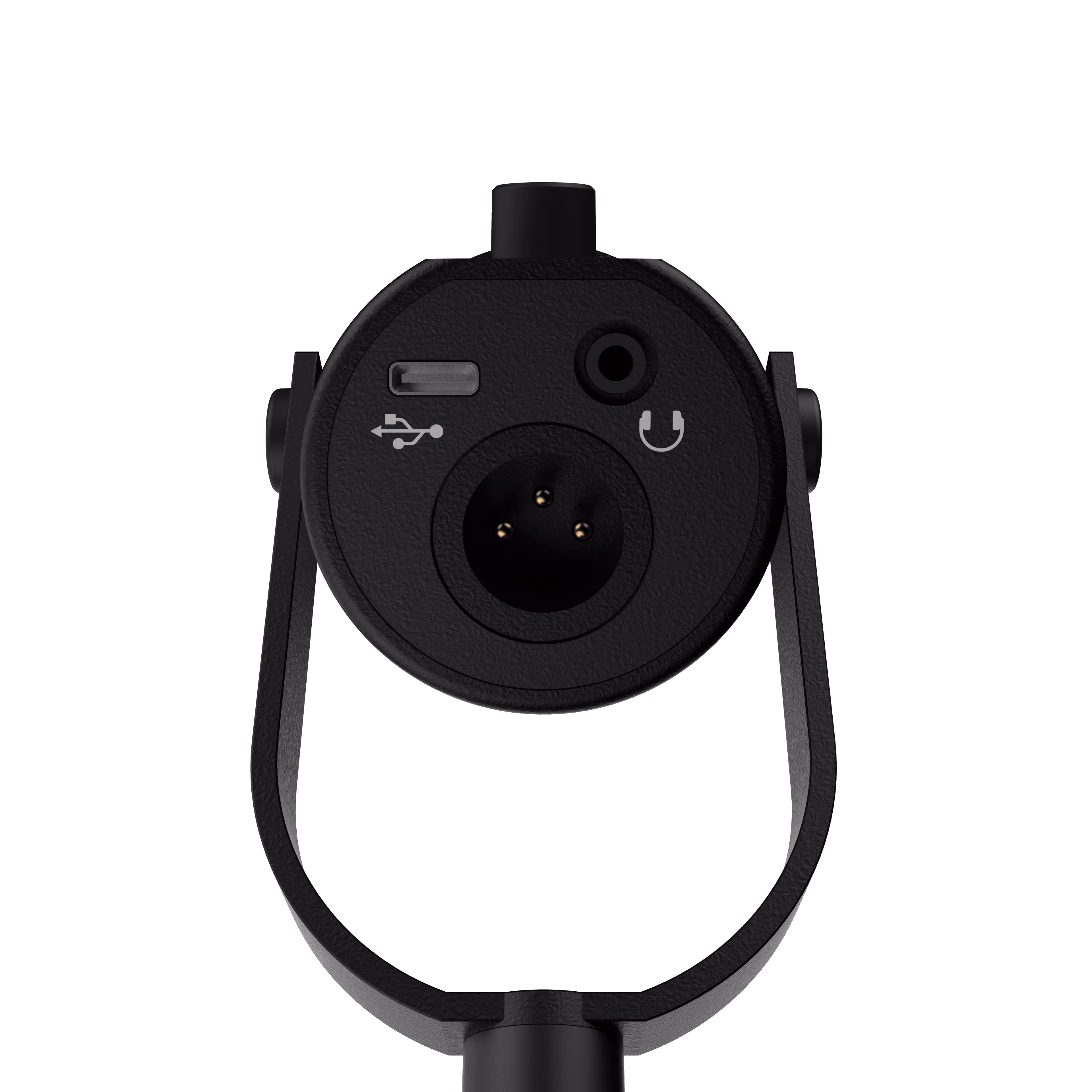 Back view of a black microphone showing USB port, headphone jack, and three-pin XLR connector.