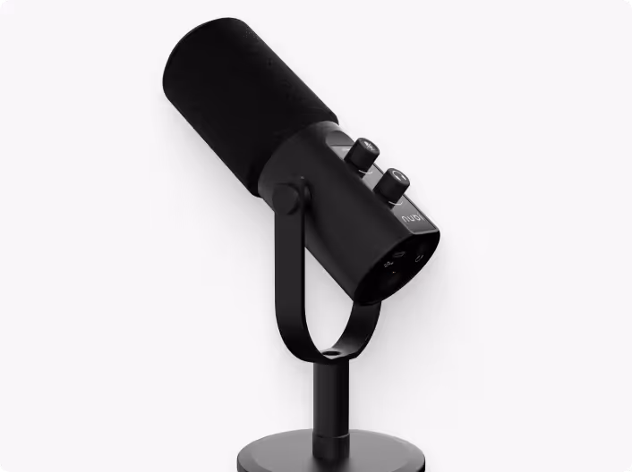 Black desk microphone on adjustable stand against white background.