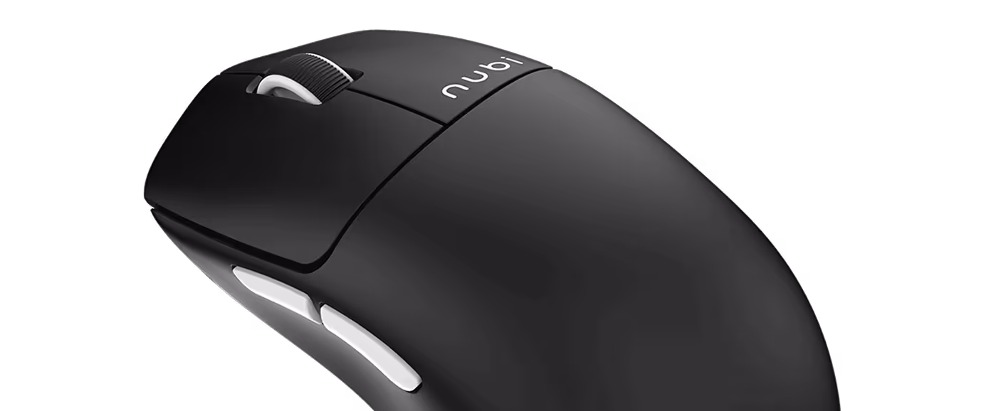 Black wireless computer mouse with white side buttons and a scroll wheel, branded 'nubia'.