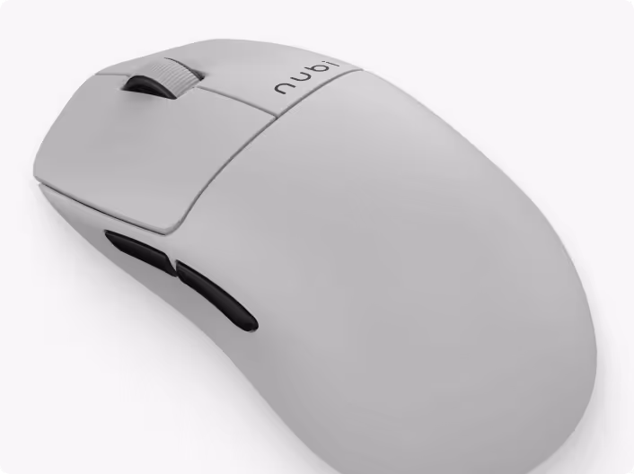 Minimalist gray computer mouse with black side buttons and a scroll wheel on a white background.