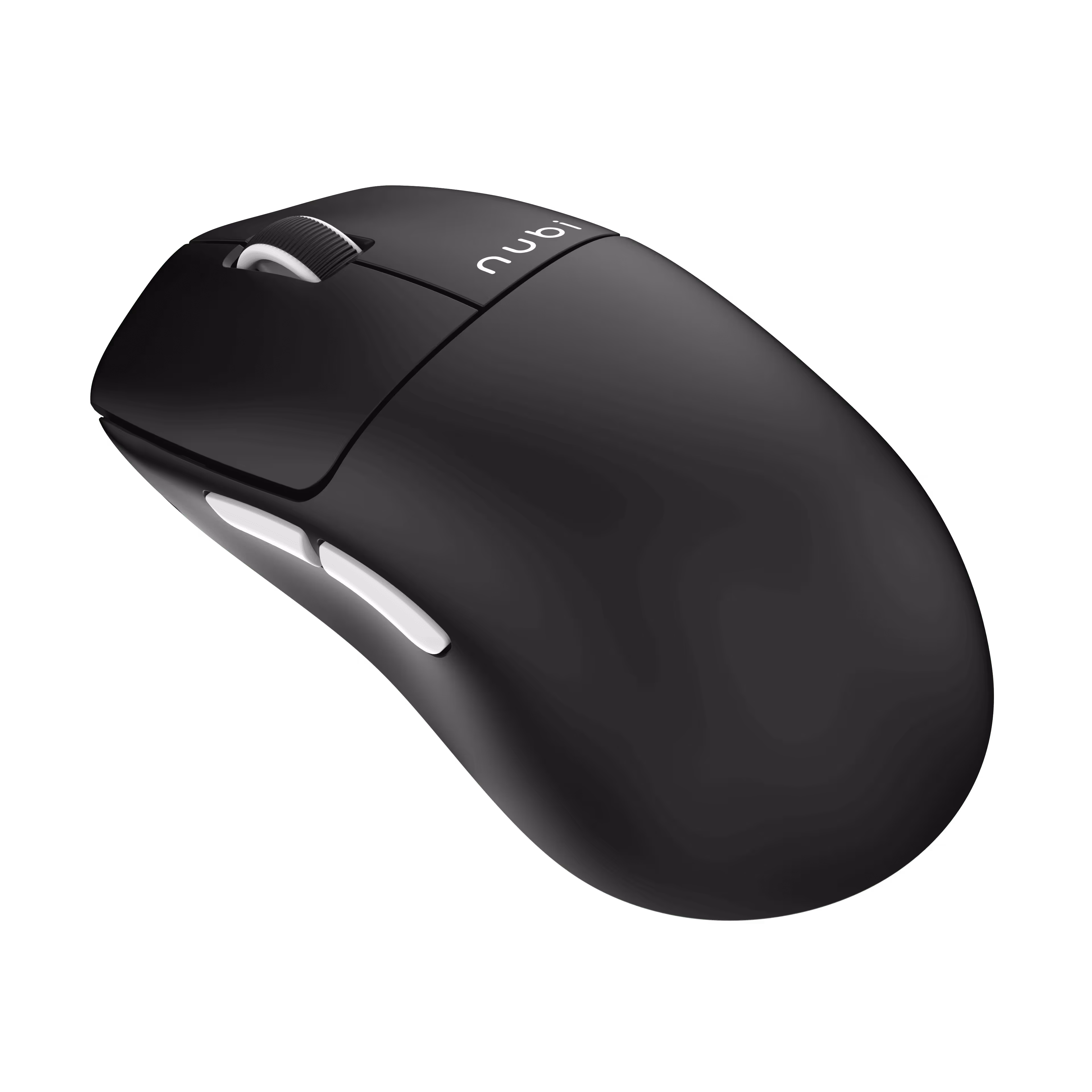 Black wireless computer mouse with white side buttons and a scroll wheel, branded with 'nubi'.