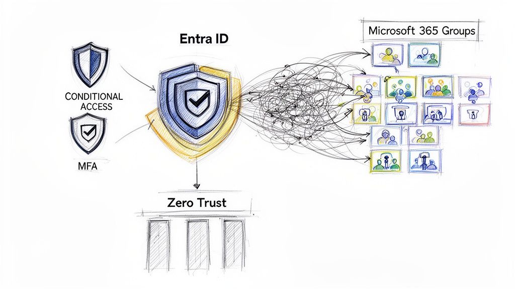 Diagram illustrating Entra ID with Conditional Access and MFA protecting Microsoft 365 Groups under a Zero Trust model.