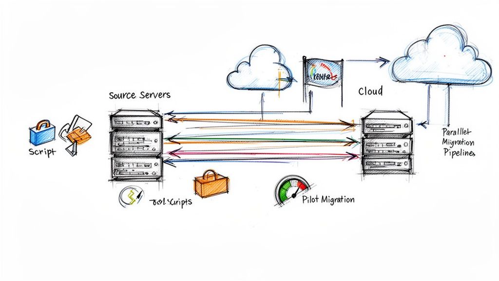 Hand-drawn diagram illustrating data migration from on-premise source servers to the cloud using scripts and pipelines.