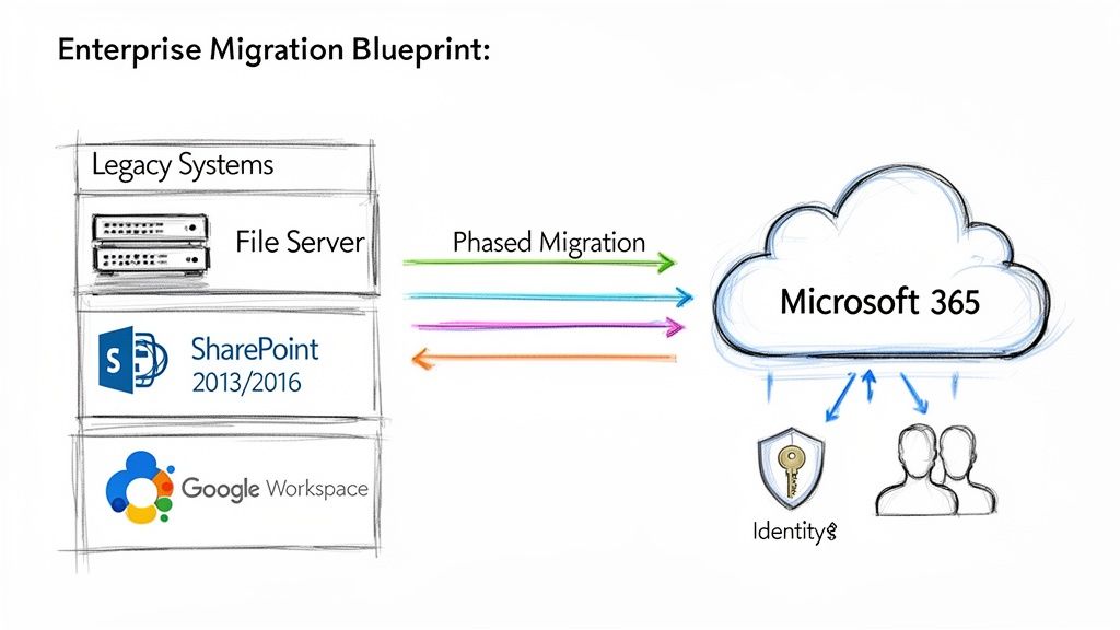 Enterprise migration blueprint shows phased transition from legacy systems like File Server to Microsoft 365, including identity management.