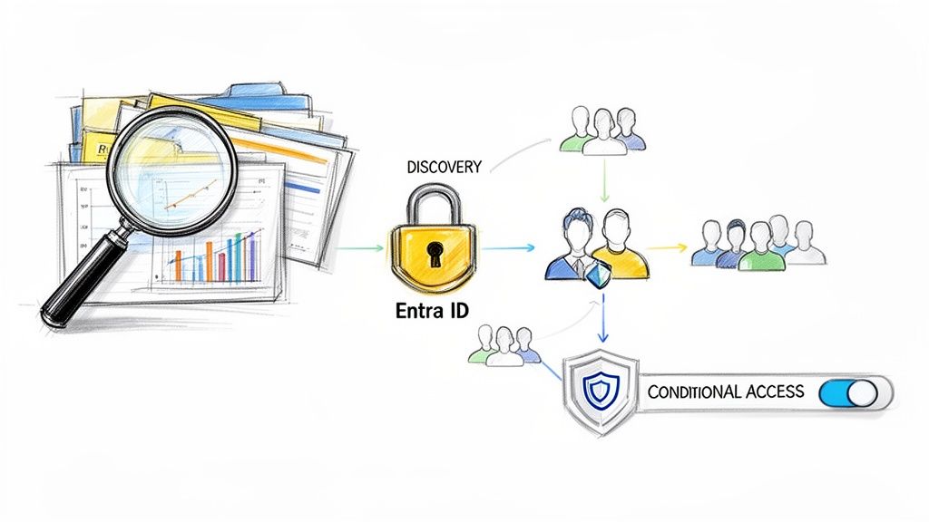 Diagram showing Entra ID facilitating discovery and conditional access for users managing documents and data.